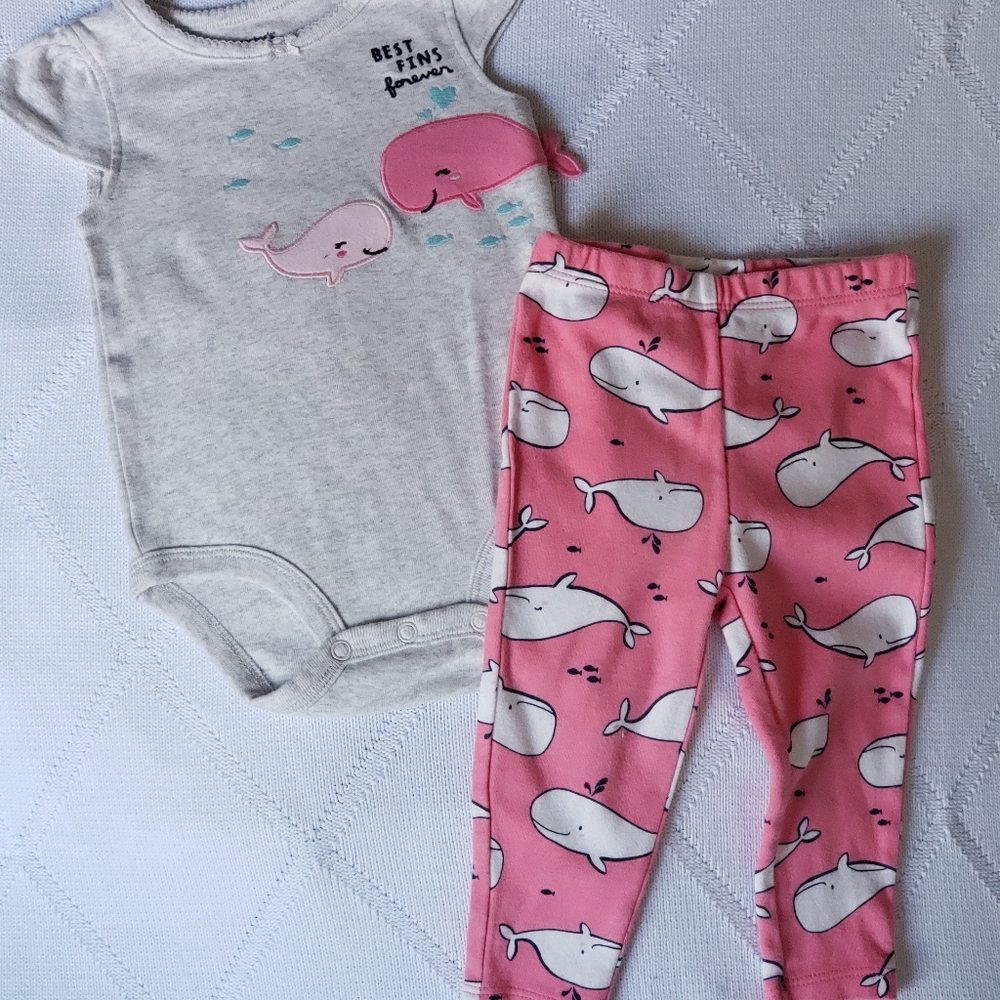 Carter's 2 piece whale "best fins" babygirl outfit size 9 months